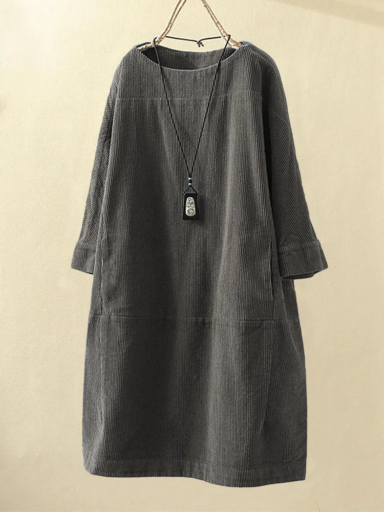 Ivy - Casual and Elegant Long Sleeved Corduroy Dress for Woman