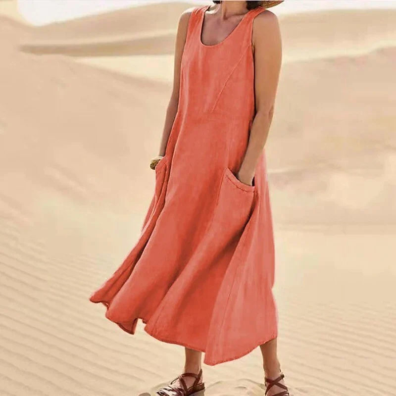 Coral - Casual and Refined Linen Dress for Woman