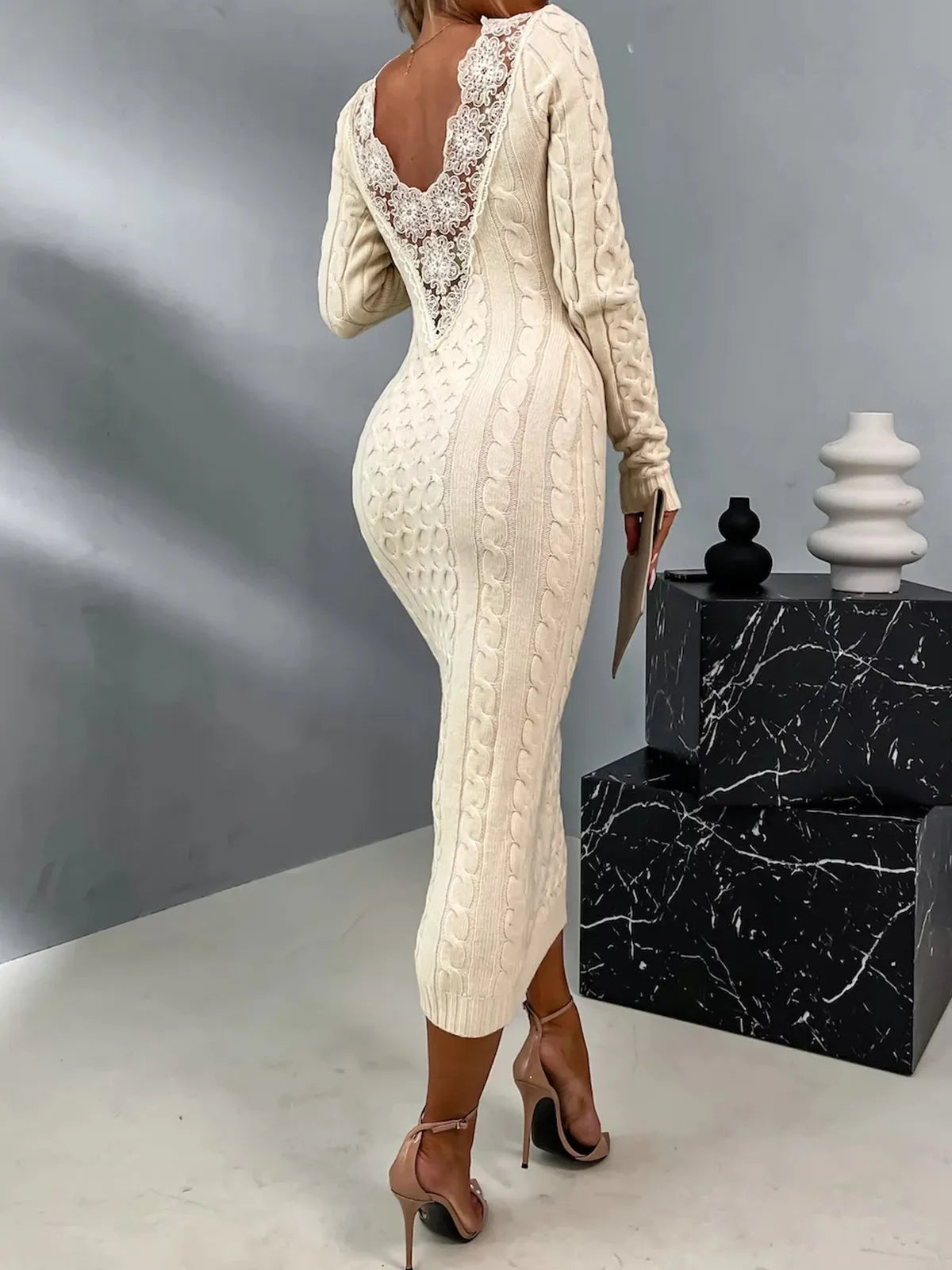 Zoe - Elegant and Chic Lace Back Sweater Dress for Woman