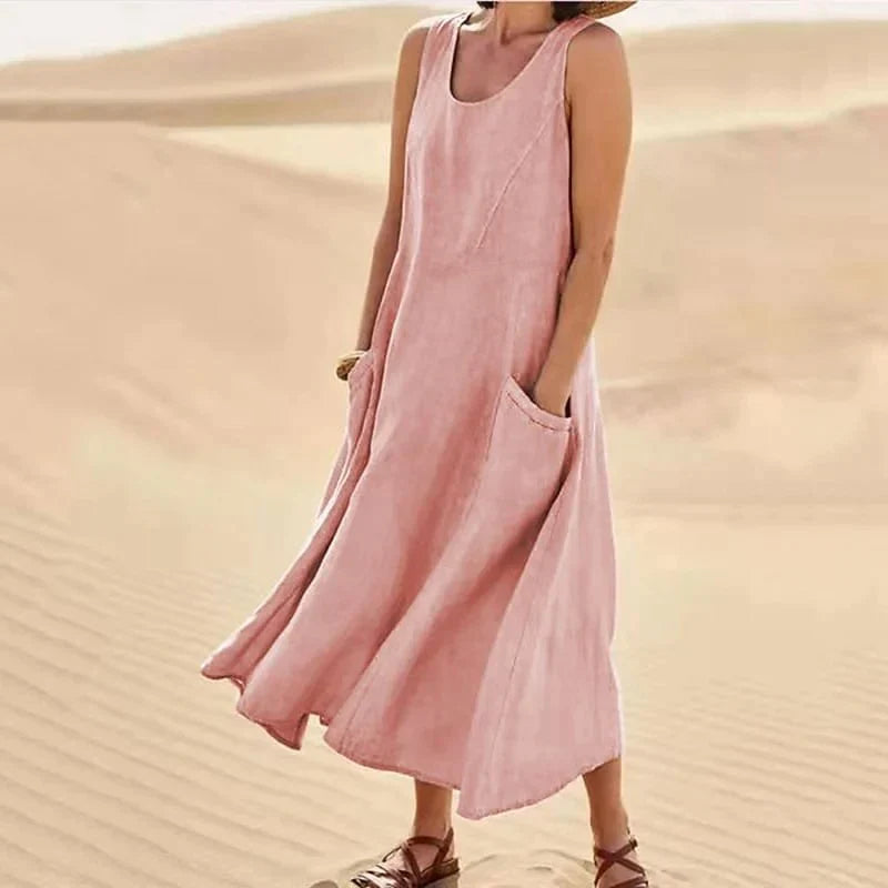 Coral - Casual and Refined Linen Dress for Woman