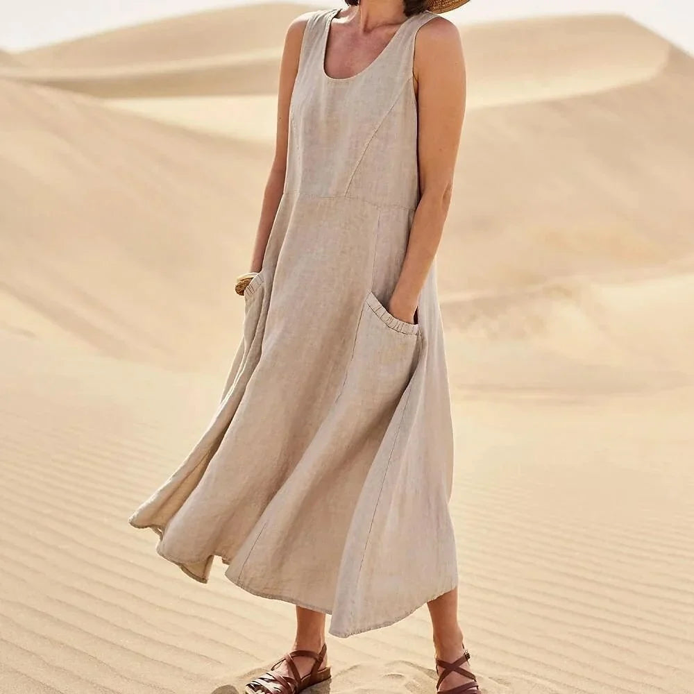 Coral - Casual and Refined Linen Dress for Woman